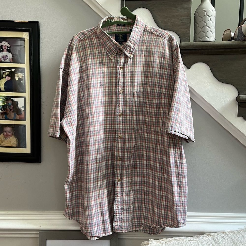 Vintage Salmon River Pink & Blue Plaid S/S Button Down Shirt sz XL